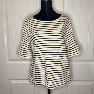 J. Crew beige and black striped 3/4 ruffle shirt